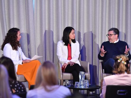 Drapers' editor Jill Geoghegan is joined on stage by Mei Chen, head of fashion and luxury for international business of Alibaba and Andrea Baldo, CEO, Ganni