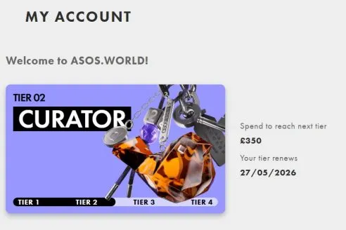 Asos World loyalty scheme, screenshot of member tier levels