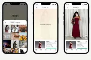 A selection of screenshots showing the step-by-step process of the Asos virtual-try-on (VTO) tool on its app