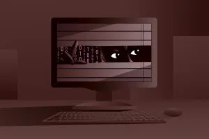 Robot peeping from computer monitor. Surveillance, artifical intelligence anxiety, internet spying concept. Vector illustration.