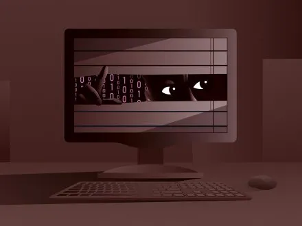 Robot peeping from computer monitor. Surveillance, artifical intelligence anxiety, internet spying concept. Vector illustration.