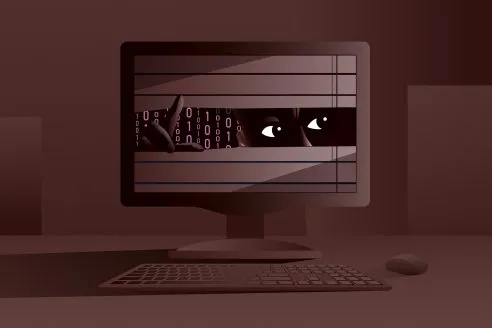 Robot peeping from computer monitor. Surveillance, artifical intelligence anxiety, internet spying concept. Vector illustration.