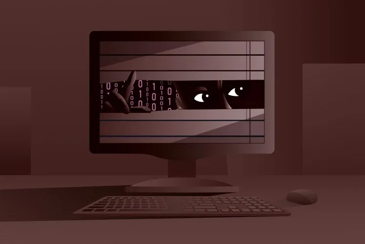Robot peeping from computer monitor. Surveillance, artifical intelligence anxiety, internet spying concept. Vector illustration.
