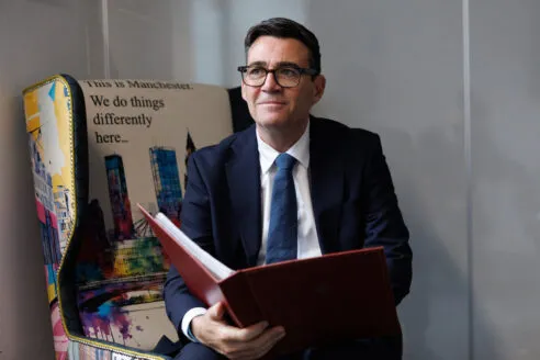 24/07/2026. Manchester, United Kingdom. Prime Minister Andy Burnham sits in his chair as he spends his first day working in No10 North office in Manchester.
